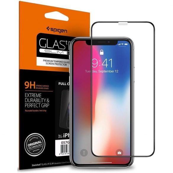 Film din sticlă securizată SPIGEN GLASS FC iPhone XI 5.8 / iPhone XS / iPhone X BLACK folie de afișare film de sticlă sticlă călită