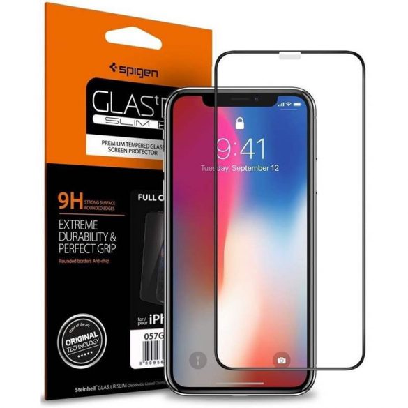 Film din sticlă securizată SPIGEN GLASS FC iPhone XI 5.8 / iPhone XS / iPhone X BLACK folie de afișare film de sticlă sticlă călită