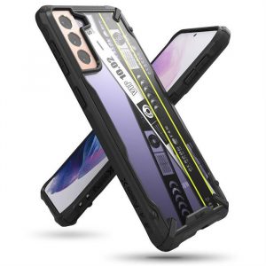 Husă durabilă pentru PC Ringke Fusion X Design cu bară de protecție TPU pentru Samsung Galaxy S21+ 5G (S21 Plus 5G) neagră (bandă Ticket) (XDSG0052)