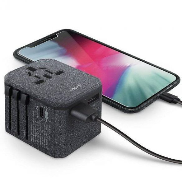 Guvernarea UNIQ. pe o rețea. Adaptor World Voyage 33W + 18W 2xUSB + PD + 3.0 QC gri / gri închis (LITHOS Collective)