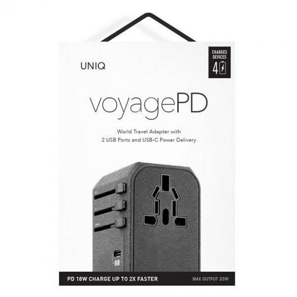 Guvernarea UNIQ. pe o rețea. Adaptor World Voyage 33W + 18W 2xUSB + PD + 3.0 QC gri / gri închis (LITHOS Collective)