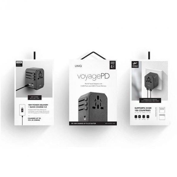 Guvernarea UNIQ. pe o rețea. Adaptor World Voyage 33W + 18W 2xUSB + PD + 3.0 QC gri / gri închis (LITHOS Collective)