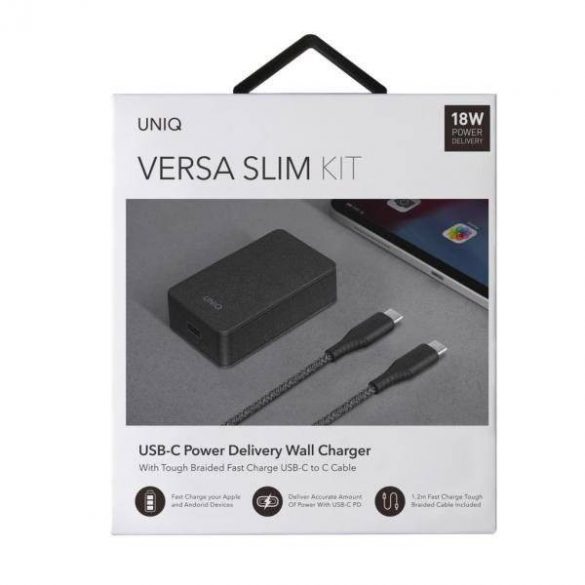 Guvernarea UNIQ. pe o rețea. Versa Slim USB PD-C 18W + cablu USB la USB-C-C negru / negru fum (LITHOS Collective)