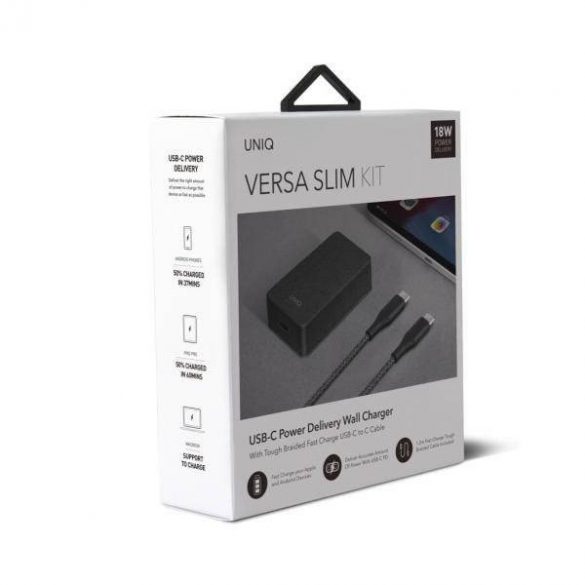 Guvernarea UNIQ. pe o rețea. Versa Slim USB PD-C 18W + cablu USB la USB-C-C negru / negru fum (LITHOS Collective)