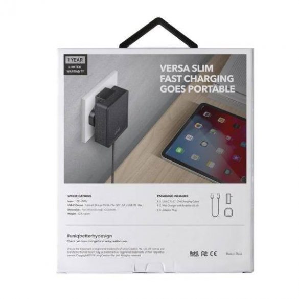 Guvernarea UNIQ. pe o rețea. Versa Slim USB PD-C 18W + cablu USB la USB-C-C negru / negru fum (LITHOS Collective)