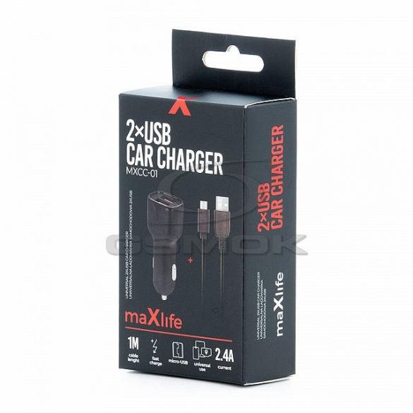 ÎNCĂRCĂTOR AUTO MAXLIFE 2.4A 2XUSB + CABLU MICRO USB ÎNCĂRCARE RAPIDĂ NEGRU