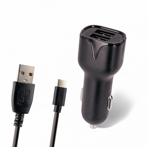 ÎNCĂRCĂTOR AUTO MAXLIFE 2.4A 2XUSB + CABLU TIP C ÎNCĂRCARE RAPIDĂ NEGRU