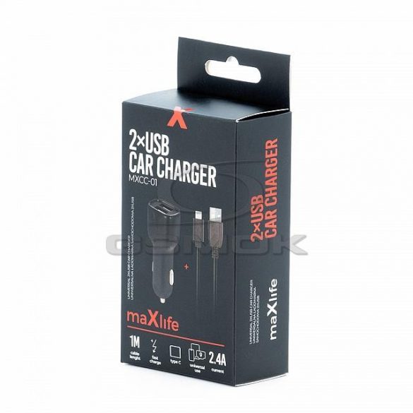 ÎNCĂRCĂTOR AUTO MAXLIFE 2.4A 2XUSB + CABLU TIP C ÎNCĂRCARE RAPIDĂ NEGRU