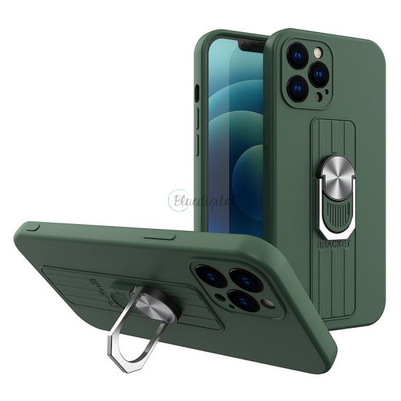 Husa Ring Case din silicon cu prindere pentru degete si suport pentru iPhone 12 mini verde inchis