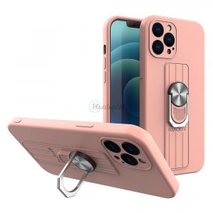 Husa din silicon Ring Case cu prindere pentru degete si suport pentru iPhone 12 roz