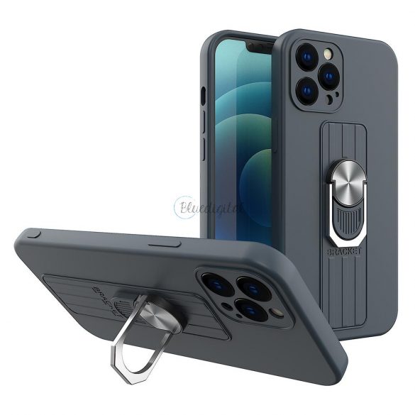 Husa din silicon Ring Case cu prindere pentru degete si suport pentru iPhone 12 Pro albastru inchis