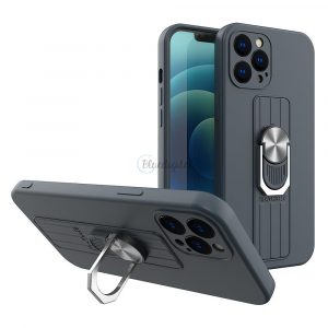 Husa din silicon Ring Case cu prindere pentru degete si suport pentru iPhone 13 Pro albastru inchis