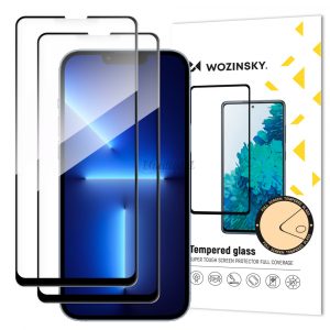 Set Wozinsky de 2x sticlă temperată Full Glue super-rezistentă pentru ecran complet, cu cadru prietenos cu carcasa iPhone 14 Max / 13 Pro Max negru