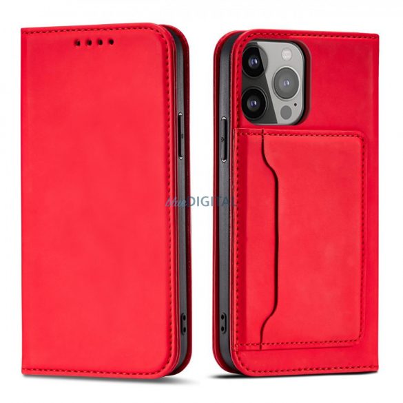 Husa Magnet Card Case pentru iPhone 14 Plus suport portofel cu capac clapeta rosie