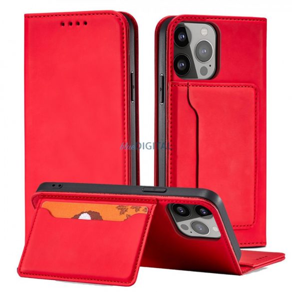 Husa Magnet Card Case pentru iPhone 14 Plus suport portofel cu capac clapeta rosie