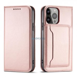 Husa Magnet Card Case pentru iPhone 14 Pro suport portofel cu capac clapeta roz