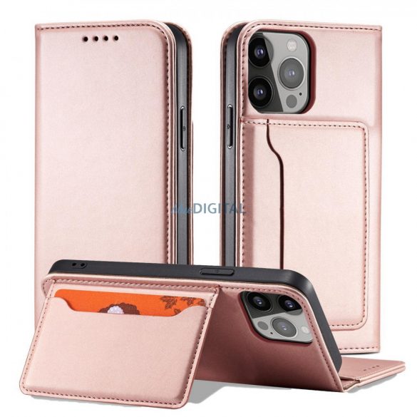 Husa Magnet Card Case pentru iPhone 14 Pro suport portofel cu capac clapeta roz