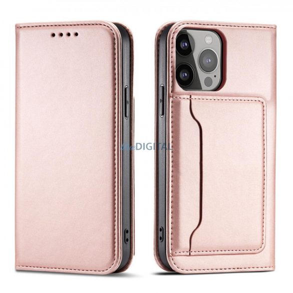 Husa Magnet Card Case pentru iPhone 14 Pro Max cu rabat suport portofel roz