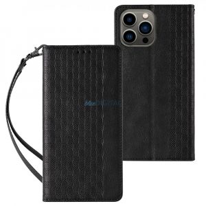 Husă cu curea magnetică pentru iPhone 14 Flip Wallet Mini Suport pentru șnur neagră