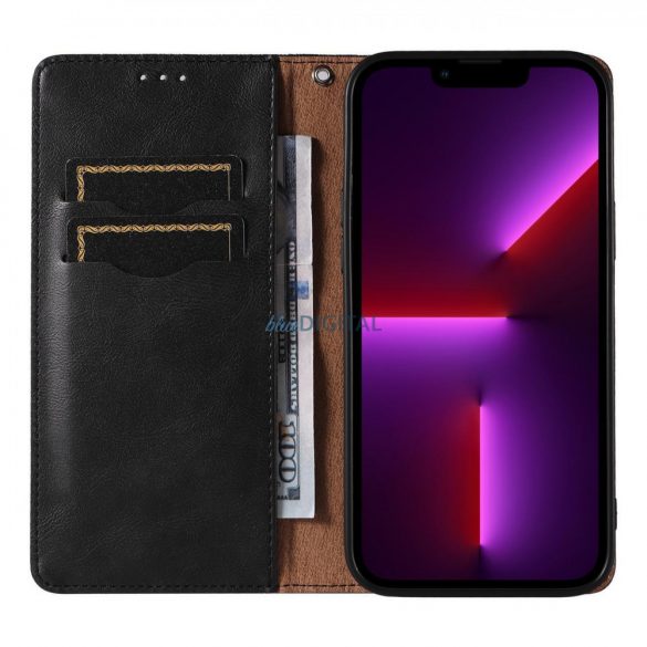 Husă cu curea magnetică pentru iPhone 14 Flip Wallet Mini Suport pentru șnur neagră