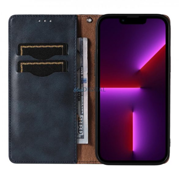 Husă cu curea magnetică pentru iPhone 14 Flip Wallet Mini Snur Stand Albastru