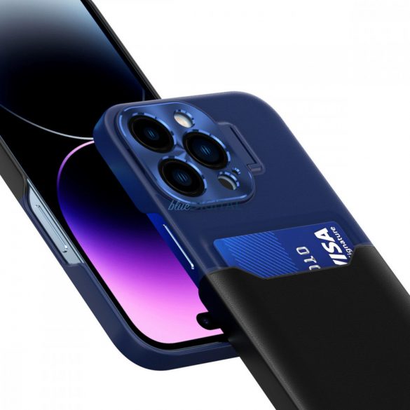 Husa cu suport din piele pentru iPhone 14 Pro husa portofel pentru carduri cu suport albastru