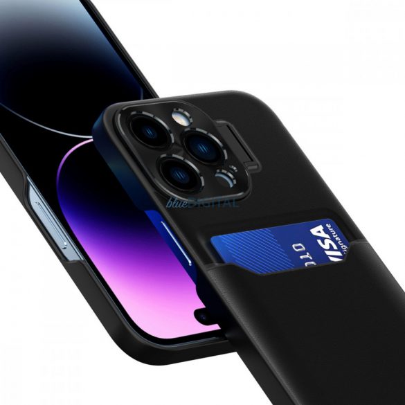 Husa cu suport din piele pentru iPhone 14 Pro husa portofel pentru carduri cu suport negru