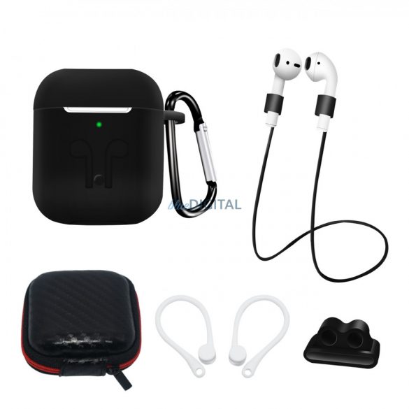 Set de huse din silicon pentru AirPods 2 / AirPods 1 + Husă / Cârlig pentru ureche / Curea pentru gât / Suport curea ceas / Carabinier - negru