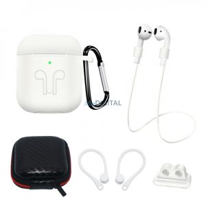 Set de car Husă din silicon pentru AirPods 2 / AirPods 1 +Husă/ cârlig pentru urechi / curea pentru gât / suport pentru curea de ceas / carabină - alb