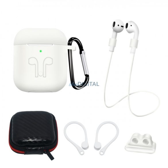 Set de car Husă din silicon pentru AirPods 2 / AirPods 1 +Husă/ cârlig pentru urechi / curea pentru gât / suport pentru curea de ceas / carabină - alb