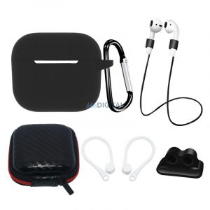 Set de carHusă din silicon pentru AirPods 3 + Husă/cârlig de ureche/curea de gât/suport pentru curea de ceas/cârlig de carabină - negru