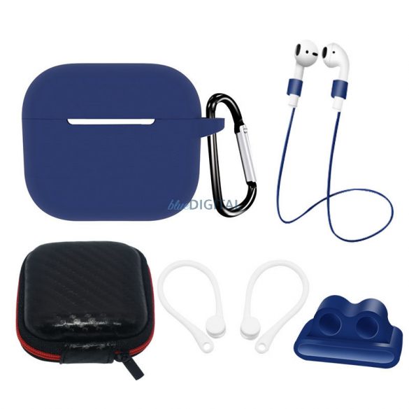 Set de carHusă din silicon pentru AirPods 3 + Husă/cârlig pentru ureche/curea de gât/suport pentru curea de ceas/cârlig cu carabină - albastru