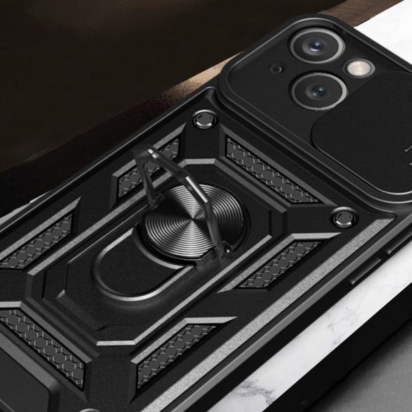 Husă Hybrid Armor Camshield cu suport și Husă pentru camera foto pentru iPhone 15 - negru