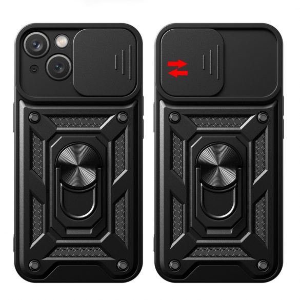 Husă Hybrid Armor Camshield cu suport și Husă pentru camera foto pentru iPhone 15 - negru