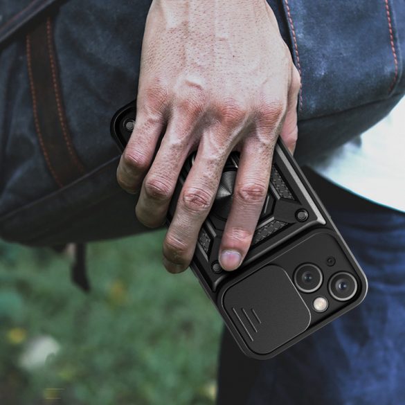 Husă Hybrid Armor Camshield cu suport și Husă pentru camera foto pentru iPhone 15 - negru