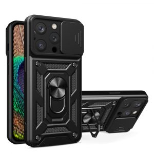 Husă Hybrid Armor Camshield cu suport și Husă pentru camera foto pentru iPhone 15 Pro - negru