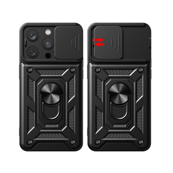 Husă Hybrid Armor Camshield cu suport și Husă pentru camera foto pentru iPhone 15 Pro - negru