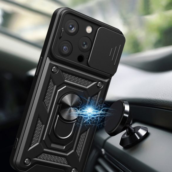 Husă Hybrid Armor Camshield cu suport și Husă pentru camera foto pentru iPhone 15 Pro - negru