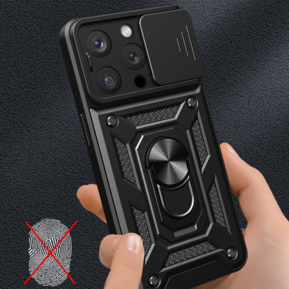 Husă Hybrid Armor Camshield cu suport și Husă pentru camera foto pentru iPhone 15 Pro - negru