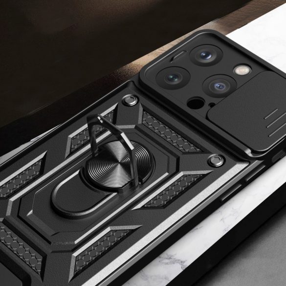 Husă Hybrid Armor Camshield cu suport și Husă pentru camera foto pentru iPhone 15 Pro - negru