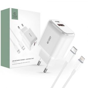 Tech-Protect C20W USB-C PD 20W / USB-A QC 3.0 încărcător de rețea cu cablu USB-C / Lightning - alb