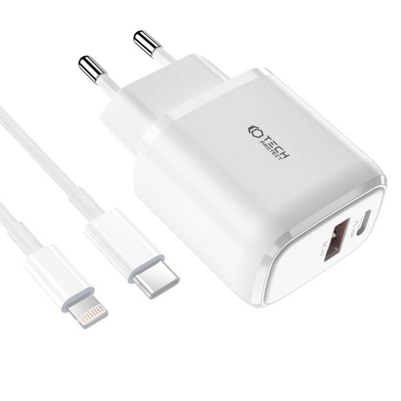 Tech-Protect C20W USB-C PD 20W / USB-A QC 3.0 încărcător de rețea cu cablu USB-C / Lightning - alb