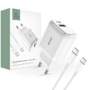 Tech-Protect C20W USB-C PD 20W / USB-A QC 3.0 încărcător de rețea cu cablu USB-C / USB-C - alb