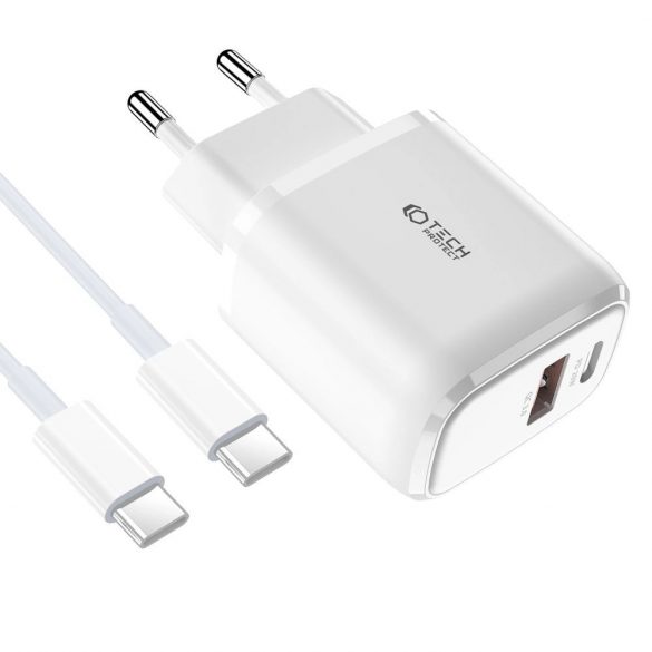 Tech-Protect C20W USB-C PD 20W / USB-A QC 3.0 încărcător de rețea cu cablu USB-C / USB-C - alb