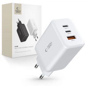 Incarcator de retea Tech-Protect C65W 2x USB-C PD 65W / USB-A QC 3.0 - alb