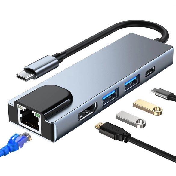 HUB Tech-Protect V3 5in1 USB-C - USB-A 3.0 / USB-A 2.0 / USB-C / HDMI / RJ45 - gri