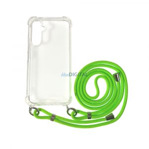 Husa transparenta TPU+PC pentru iPhone 14, Verde Neon cu cordon