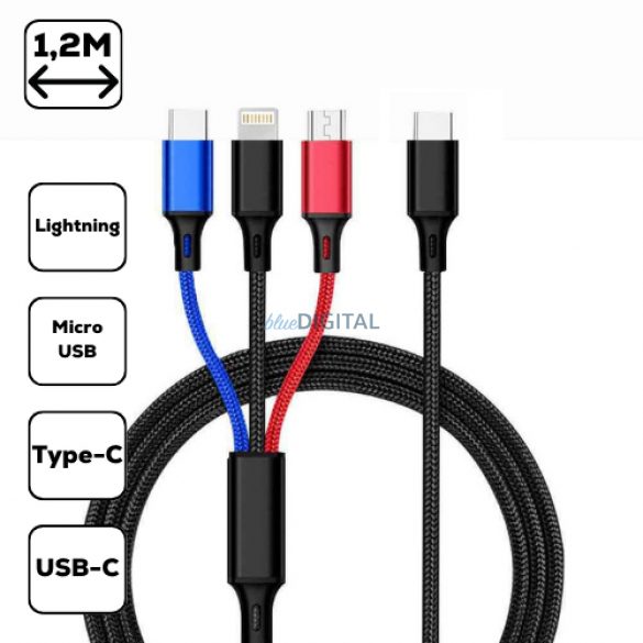 Cablu de încărcare 3 în 1, micro USB+Tip-c+fulger, 1,2 m