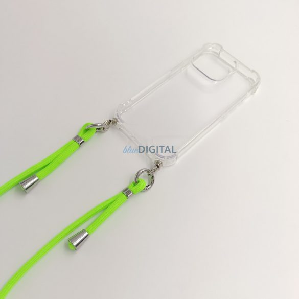 Husa transparenta TPU+PC pentru iPhone 15, Verde Neon cu cordon