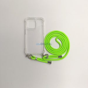 Husa transparenta TPU+PC pentru iPhone 15 Pro, Verde Neon cu cordon